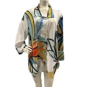 Ali Miles Button Front Tunic Women XL Abstract Multicolor 3/4 Sleeve Blouse